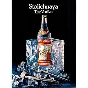 1981 Stolichnaya The Vodka Vintage Print Ad Ice Block Hammer Pick Bar Wall Art